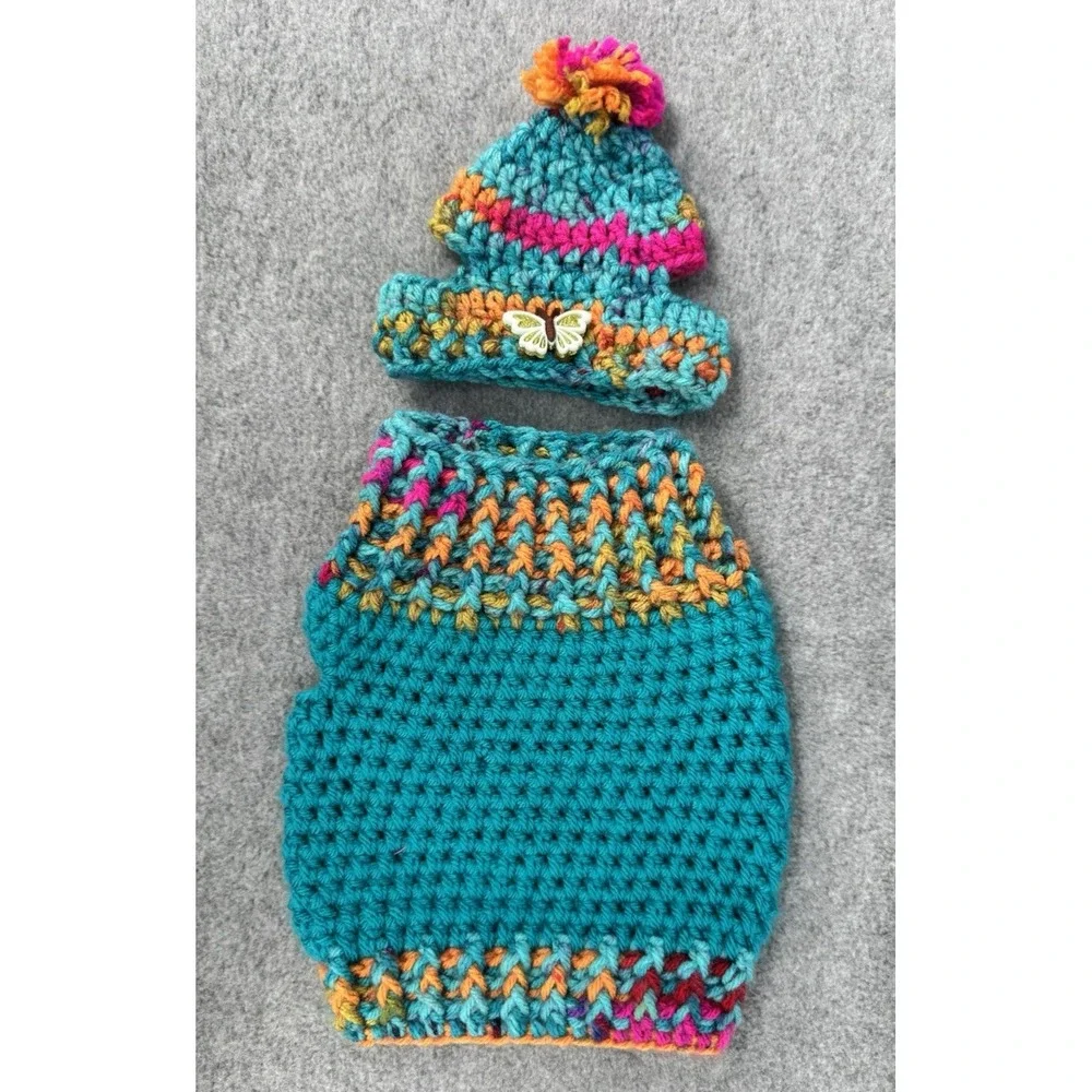 Dog Sweater & Hat Set Small Teal Multicolor‎ Handmade Crochet Pom Pom Puppy